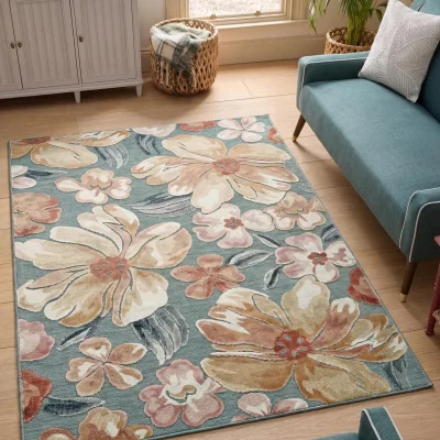 The Range Gardenia Jasmine Indoor Outdoor Low Pile Area Rug Floral Design - Blue / 230cm