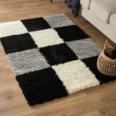 The Range California Checked Shaggy Rug - Black / 110cm / 60cm