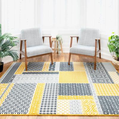 The Range Yellow Ochre Grey Floral Patchwork Living Room Rug - Ochre / 150 x 80cm