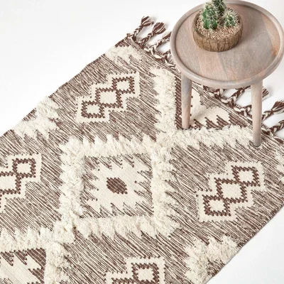 The Range Homescapes Lhasa Handwoven Diamond Pattern Kilim Wool Rug - Brown / 150cm