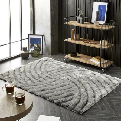The Range Silver Carved Swirl Polyester Shaggy Rug - Silver / 120cm