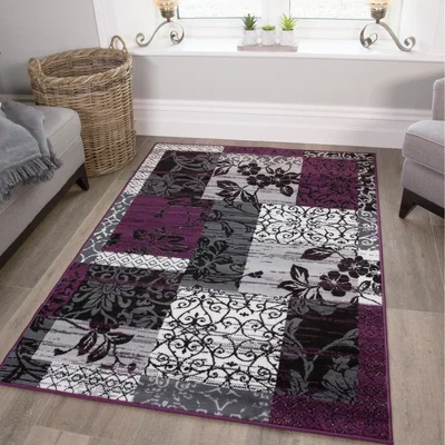 The Range Purple Black Grey Floral Patchwork Living Room Rug - Purple / 280 x 190cm
