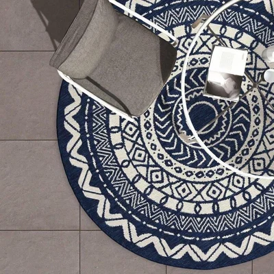The Range Round Circle Navy Moroccan Tile Indoor Outdoor Table Rug - Compass - Blue