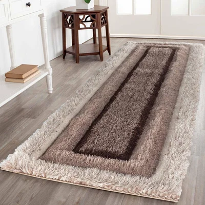The Range Modern Soft Bordered Shimmer Shaggy Area Rugs - Bronze / 60x220 cm Runner