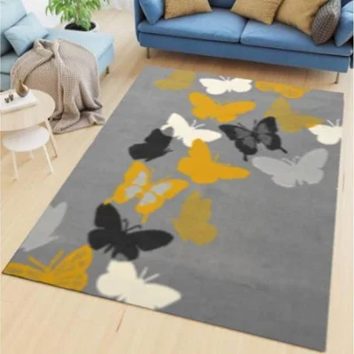 The Range Grey  Ochre Butterfly Nature Print Living Room Rug - Islay - Yellow