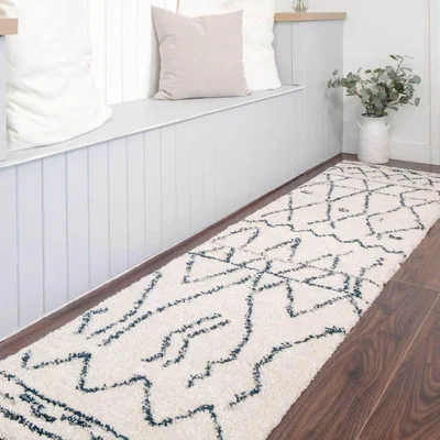 The Range Cream Boho Moroccan Linear Shaggy Living Area Rug - Cream / 240 x 60cm