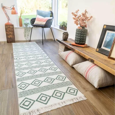 The Range Forest Green White Diamond Geometric Recycled Cotton Reversible Fringed Rug - Forest Green / 240 x 60cm