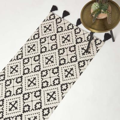 The Range Reva Black White Handwoven Cotton Geometric Rug - Black/Natural / 200cm