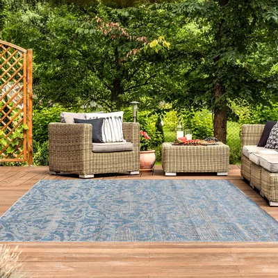 The Range Aqua Blue Vintage Floral Flatweave Indoor Outdoor Rug - Aqua / 170 x 120cm