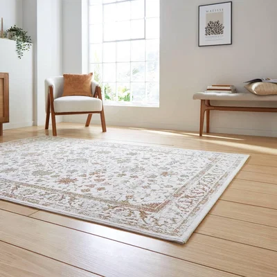 The Range Beige and Multi Bordered Traditional Rug - Beige Multi / 120cm