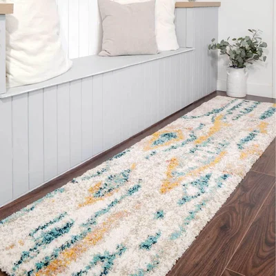 The Range Cream Distressed Abstract Moroccan Shaggy Living Area Rug - Multicolour / 240 x 60cm