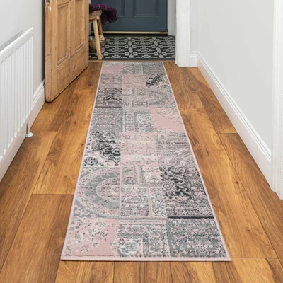 The Range Blush Pink Grey Traditional Patchwork Living Room Rug - Blush Pink / 240 x 60cm