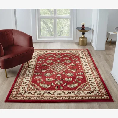 The Range Underfoot Aurelia Large Living Room Rug - 8mm Polyester Pile, Jute Backing, Floral Persian Design - Red / 6600.0mm / 2300.0mm