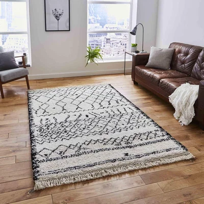 The Range Black and White Moroccan Fringed Shaggy Rug - White / Black / 3kg