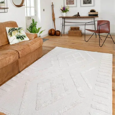 The Range Cream Recycled Cotton 3D Tufted Fringed Diamond Geometric Area Rug - Cream / 230cm