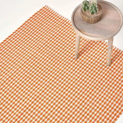 The Range Homescapes Gingham Check Woven Cotton Rug - Orange / 90cm