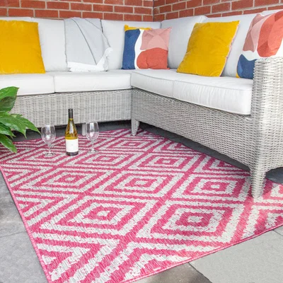 The Range Pink Grey Diamond Geometric Flatweave Indoor Outdoor Rug - Pink / 110 x 60cm