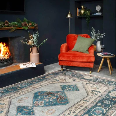 The Range Teal Blue Distressed Bordered Medallion Persian Non Slip Washable Area Rug - Teal Blue / 230 x 160cm