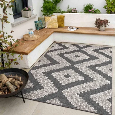 The Range Grey Textured Diamond Geometric Weatherproof Durable Indoor Outdoor Area Rug - Grey / 290 x 200cm