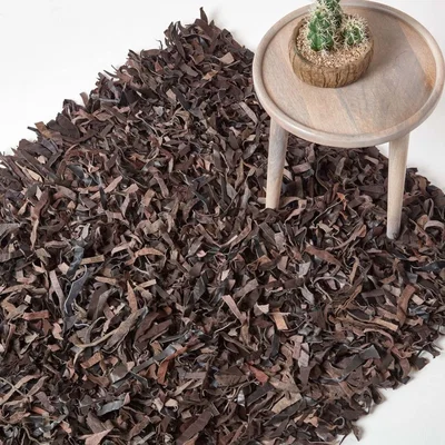 The Range Dallas Leather Shaggy Rug - Chocolate / 183cm