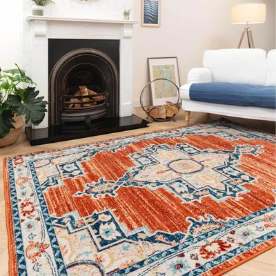 The Range Orange Terra Navy Traditional Medallion Low Pile Soft Living Area Rug - Terracotta / 150cm