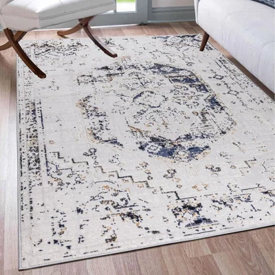 The Range Flecked Navy Distressed Medallion Living Room Rug - Monalisa - Navy / 3kg / 67x240cm