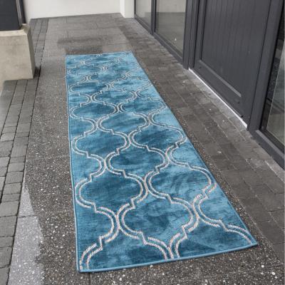 The Range Teal Textured Geometric Trellis Indoor Outdoor Hallway Entrance Runner Rug - Grey