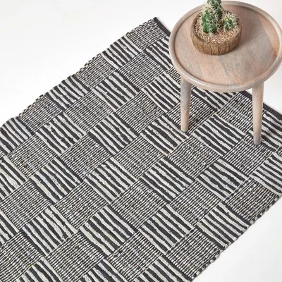 The Range Homescapes Black White Real Leather Handwoven Striped Block Check Rug - Black / 150cm