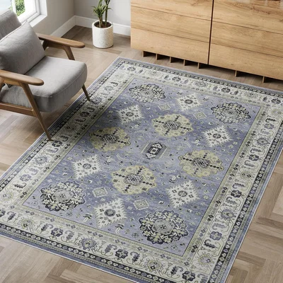 The Range Washable Blue Vintage Rug Non-Slip Luxury Soft Rug - Vintage Blue / 290cm