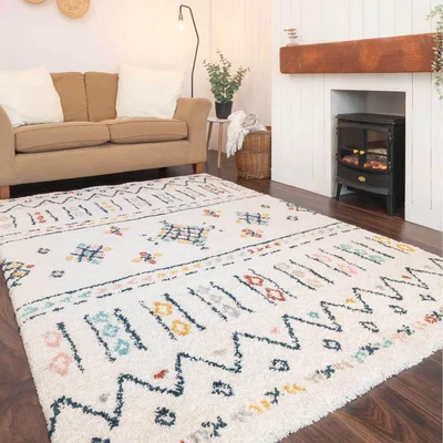 The Range Cream Multicolour Boho Aztec Shaggy Living Area Rug - Multicolour / 170 x 120cm