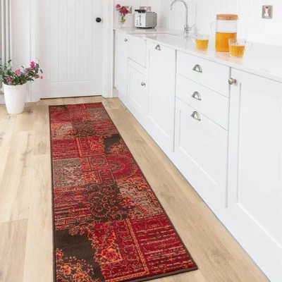 The Range Deep Red Brown Traditional Patchwork Living Room Rug - Wine / 320 x 80cm