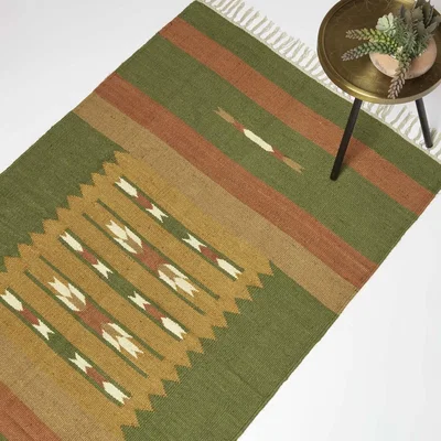 The Range Lundi Orange Green Kilim Cotton and Jute Rug - Green/Orange / 170cm