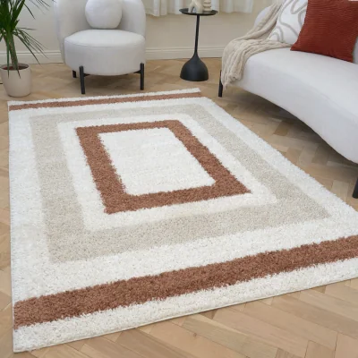 The Range The Rugs Moodi Bordered Design Patterned Shaggy Rug - Terra-Cream / 170cm