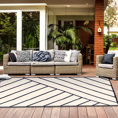 The Range Black And Sand Lined Outdoor Rug Reversible Pattern For Garden - Black / 180 x 270cm