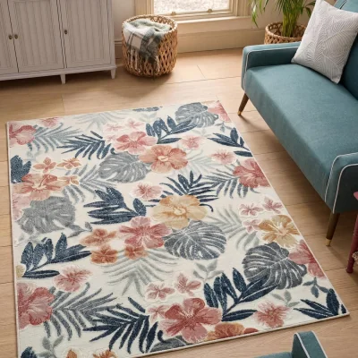 The Range Gardenia Azalea Indoor Outdoor Low Pile Area Rug Floral Design - Cream / 230cm