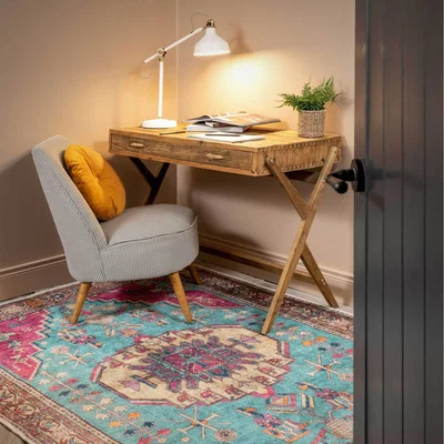 The Range Colourful Teal Pink Distressed Bordered Persian Style Non Slip Washable Area Rug - Teal Blue Pink / 230 x 160cm