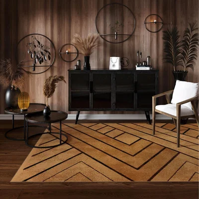 The Range Brown Beige Art Deco Living Room Rug - Beige / 170 x 120cm
