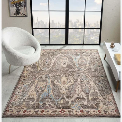 The Range Underfoot Traditional Floral Border Rug Grey/Sand 8mm Polyester Pile - Grey
