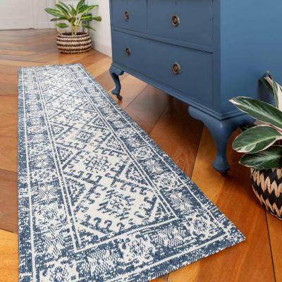 The Range Navy Blue Boreded Geometric Recycled Cotton Area Rug - Blue / 240 x 60cm