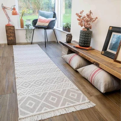 The Range Warm Beige Geometric Recycled Cotton Reversible Fringed Rug - Beige / 240 x 60cm