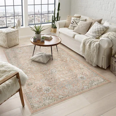 The Range Maia Washable Living Room Traditional Floral Oriental Area Rug Low Pile Non Slip - Coral / 240cm