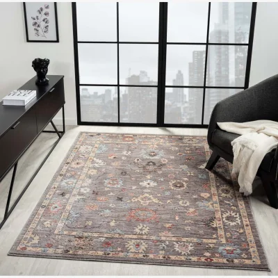 The Range Underfoot Traditional Floral Bordered Indoor Rug Grey 8mm Polyester, Jute Backing - Grey