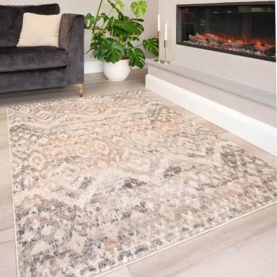 The Range Natural Beige Gold Distressed Diamond Geometric Living Area Rug - Beige / 110 x 60cm