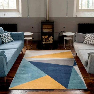 The Range Blue Ochre Bold Geometric Living Area Rug - Navy Blue / 110 x 60cm