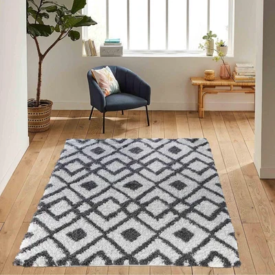 The Range Moroccan Berber Shaggy Rugs Living Room Ikat Design - Dark Cream / 230cm