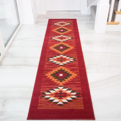 The Range Red Terracotta Tribal Geometric Living Room Rug - Red / 240 x 60cm