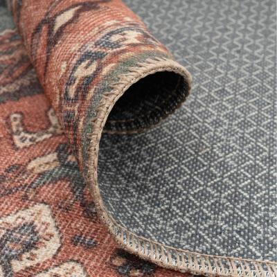 The Range Terracotta Distressed Bordered Medallion Persian Non Slip Washable Area Rug - Terracotta Green / 300 x 80cm