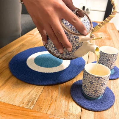 The Range Set of Evil Eye Jute Rope Coasters  Mats (4 of each) - Blue