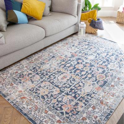 The Range Navy Blue Terracotta Floral Bordered Zero Pile Distressed Rug - Navy Blue / 170 x 120cm
