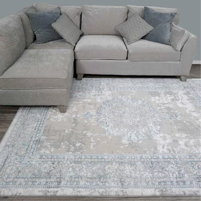 The Range Blue Grey Distressed Traditional Medallion Bordered Area Rug - Grey Blue / 170 x 120cm